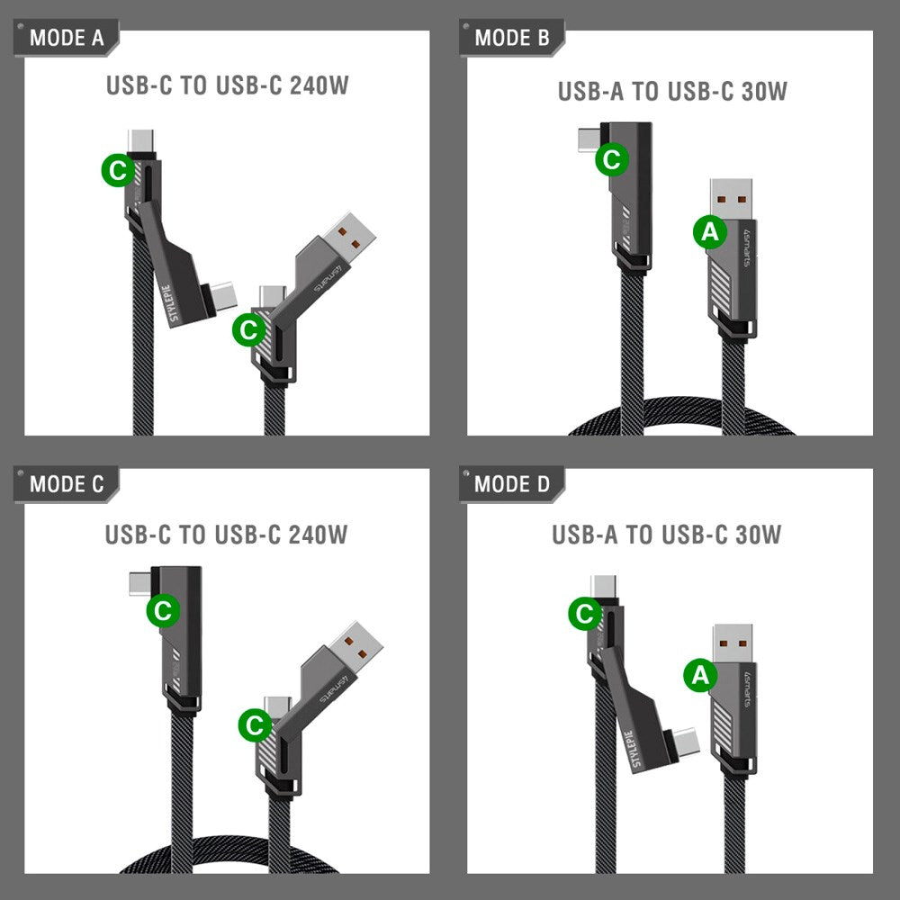 4smarts ComboCord 2-i-1 Retvinklet Kabel 240W - 1.5m - Grå
