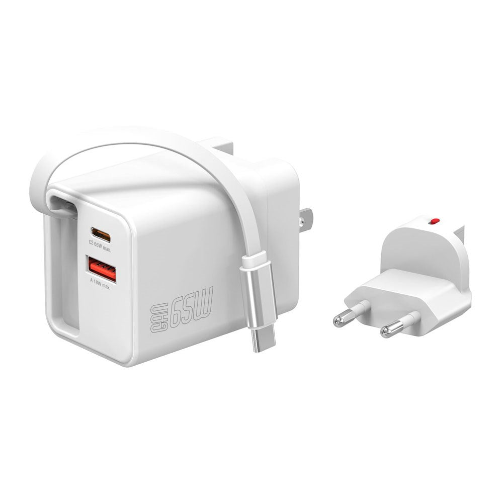 4smarts 65W Flex Jojo Vægoplader m. EU / US Stik - 1 x USB-A - 1 x USB-C - 1 x USB-C Kabel - Hvid