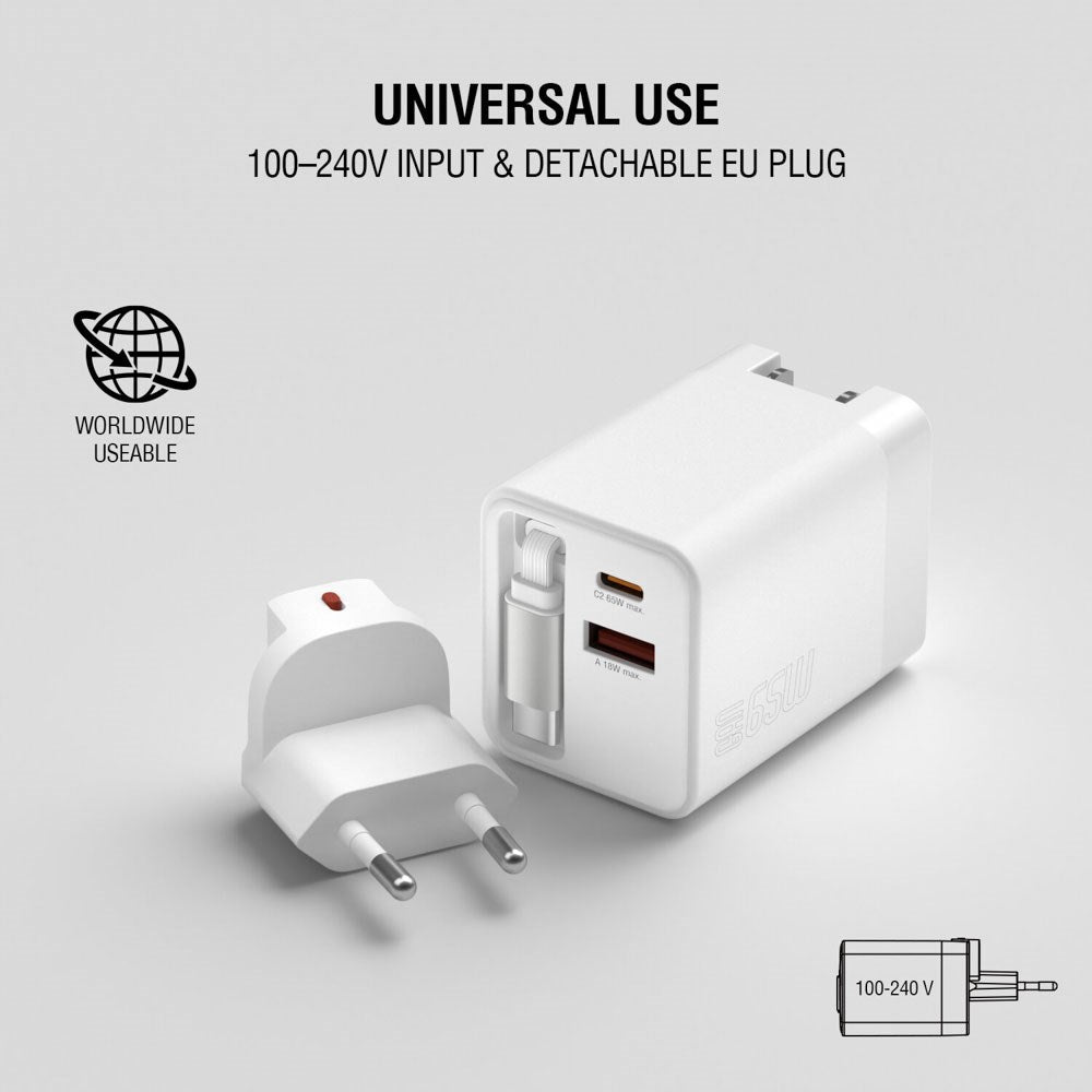 4smarts 65W Flex Jojo Vægoplader m. EU / US Stik - 1 x USB-A - 1 x USB-C - 1 x USB-C Kabel - Hvid