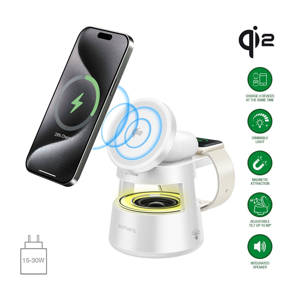 4smarts 3-i-1 Trådløs Oplader m. Indbygget Lys & Bluetooth til Smartphone / Smartwatch / AirPods - MagSafe / Qi2 Kompatibel - Hvid