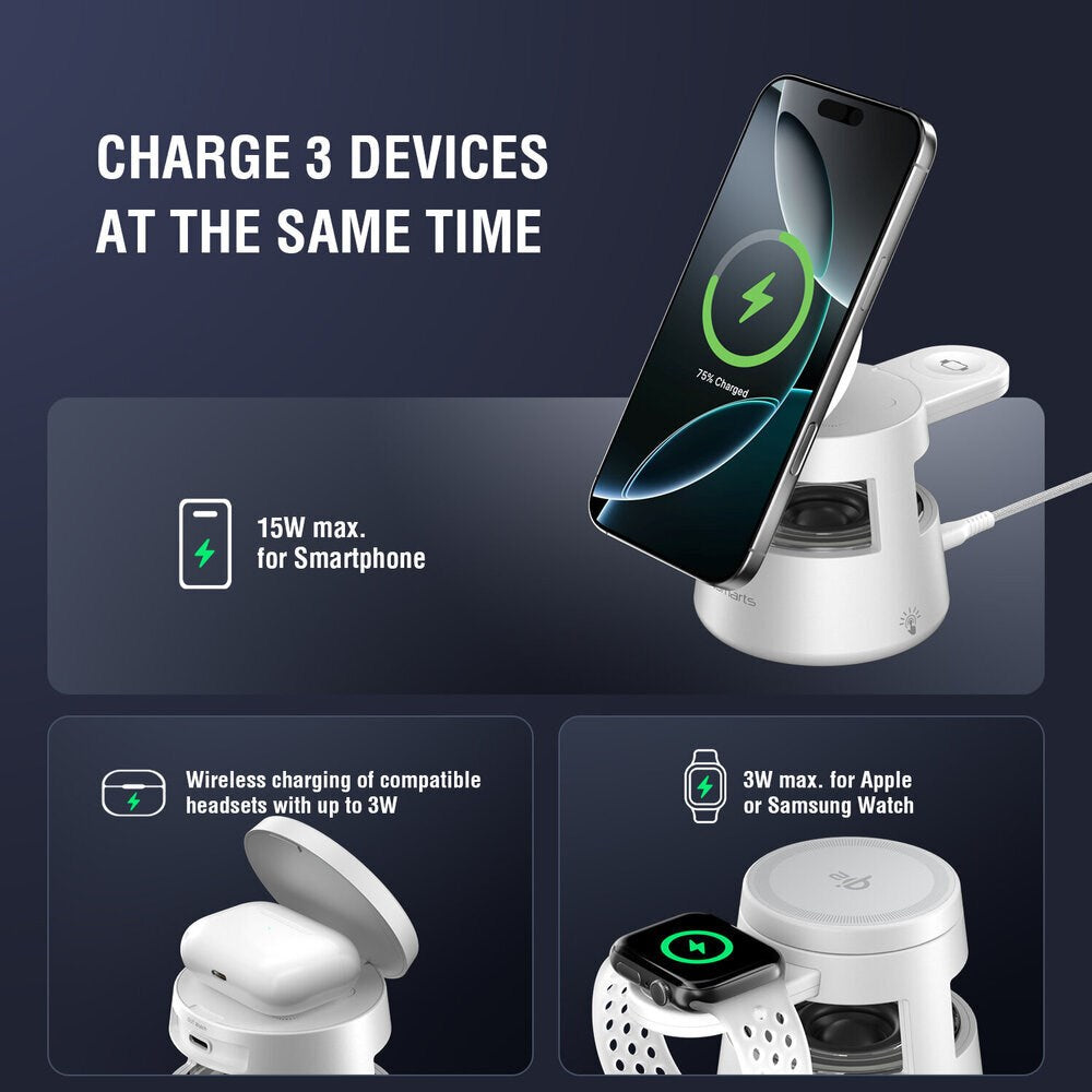 4smarts 3-i-1 Trådløs Oplader m. Indbygget Lys & Bluetooth til Smartphone / Smartwatch / AirPods - MagSafe / Qi2 Kompatibel - Hvid