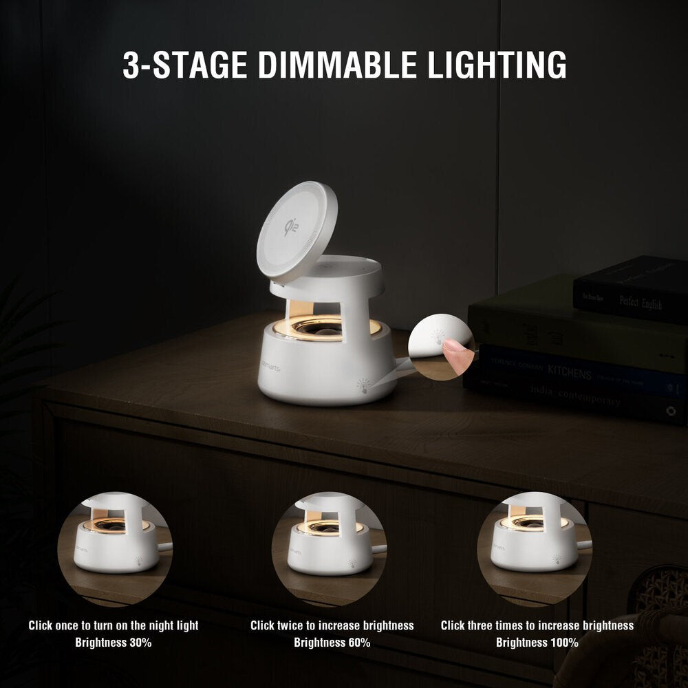 4smarts 3-i-1 Trådløs Oplader m. Indbygget Lys & Bluetooth til Smartphone / Smartwatch / AirPods - MagSafe / Qi2 Kompatibel - Hvid