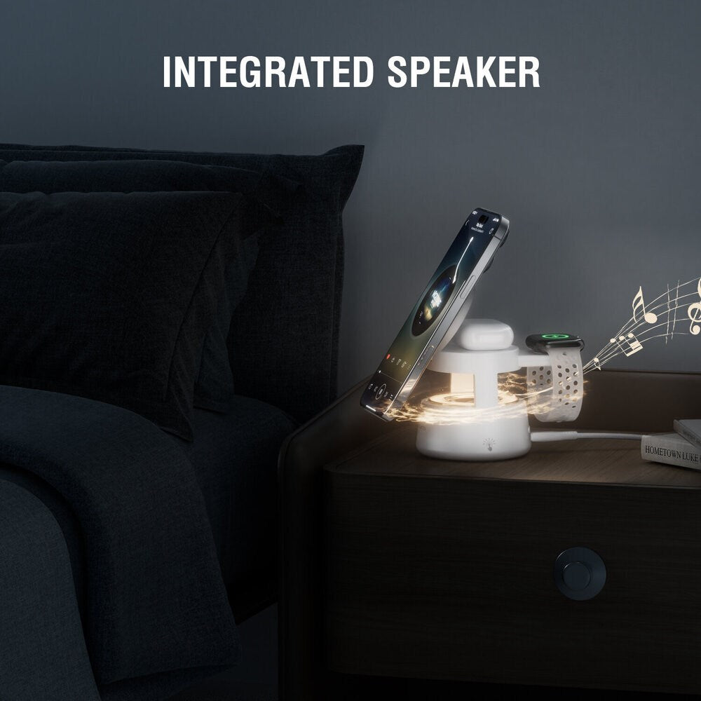4smarts 3-i-1 Trådløs Oplader m. Indbygget Lys & Bluetooth til Smartphone / Smartwatch / AirPods - MagSafe / Qi2 Kompatibel - Hvid