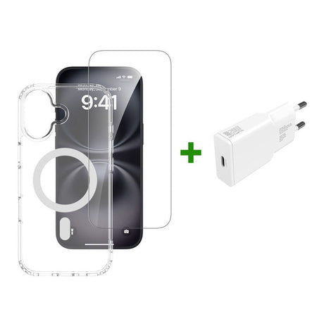 iPhone 17 4Smarts 3-i-1 Premium Starter Set - MagSafe Cover, Skærmbeskyttelse & 20W Vægoplader - Gennemsigtig / Hvid