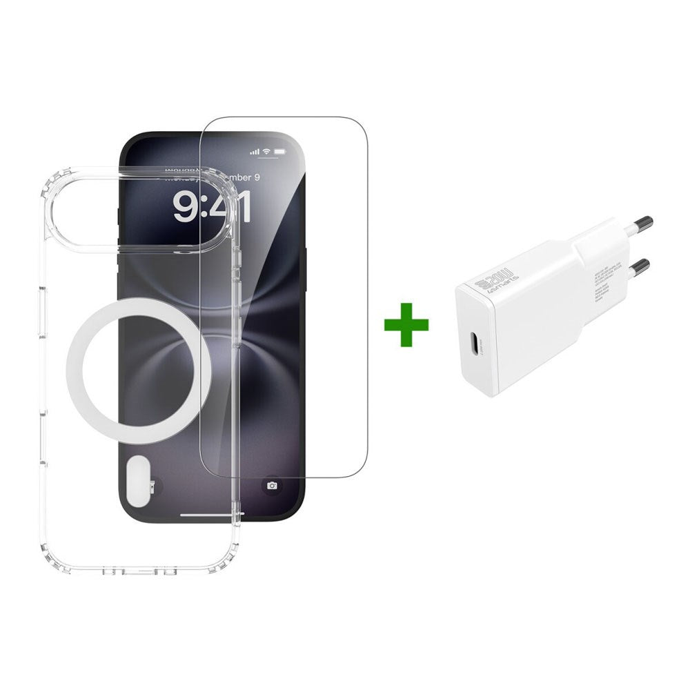 iPhone Air 4Smarts 3-i-1 Premium Starter Set - MagSafe Cover, Skærmbeskyttelse & 20W Vægoplader - Gennemsigtig / Hvid