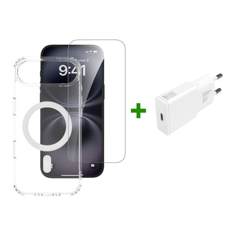 iPhone Air 4Smarts 3-i-1 Premium Starter Set - MagSafe Cover, Skærmbeskyttelse & 20W Vægoplader - Gennemsigtig / Hvid