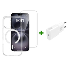 iPhone 17 Pro 4Smarts 3-i-1 Premium Starter Set - MagSafe Cover, Skærmbeskyttelse & 20W Vægoplader - Gennemsigtig / Hvid