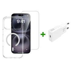 iPhone 17 Pro Max 4Smarts 3-i-1 Premium Starter Set - MagSafe Cover, Skærmbeskyttelse & 20W Vægoplader - Gennemsigtig / Hvid