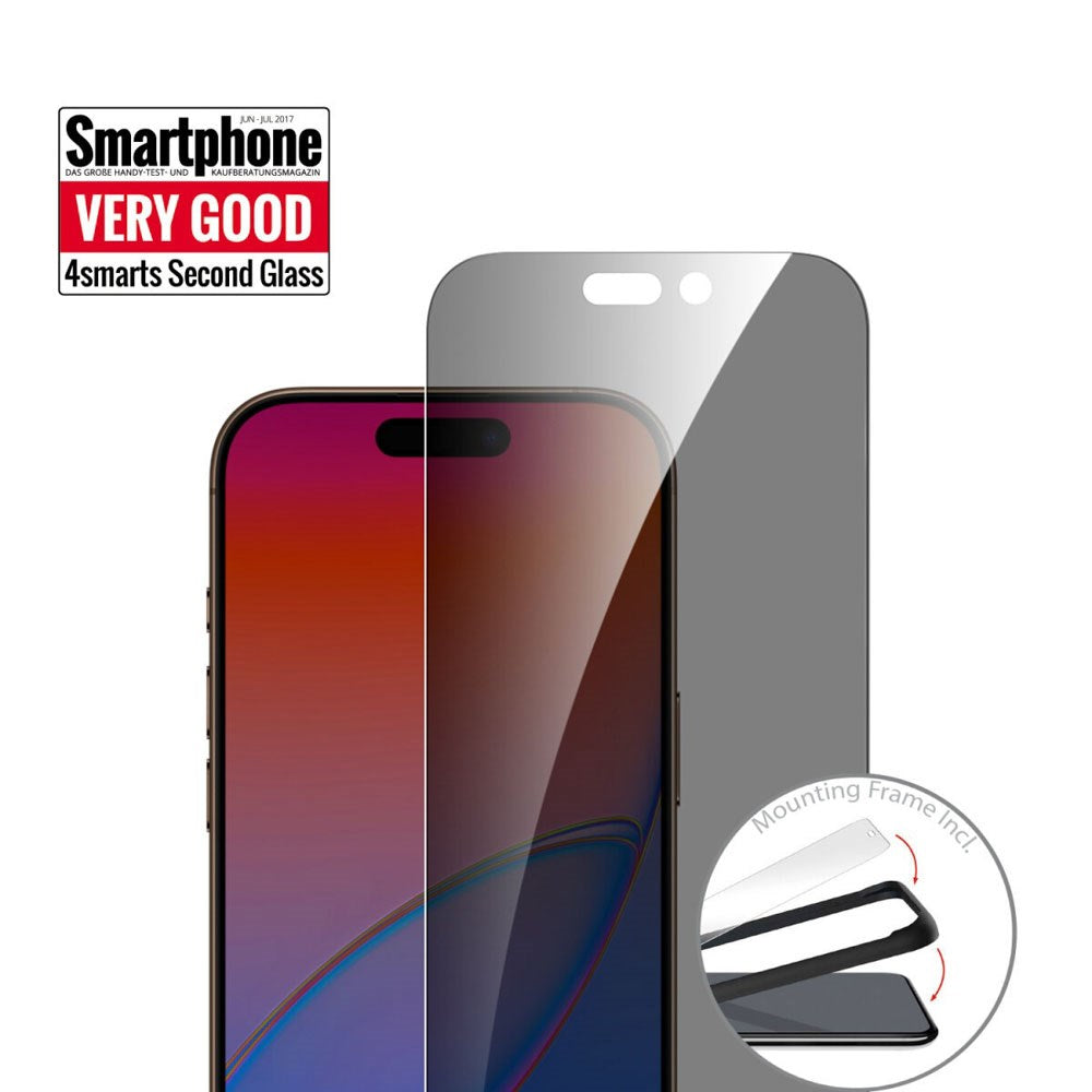 iPhone 17 4Smarts Second Glass Skærmbeskyttelse m. Monteringsramme - Privacy Funktion - Gennemsigtig