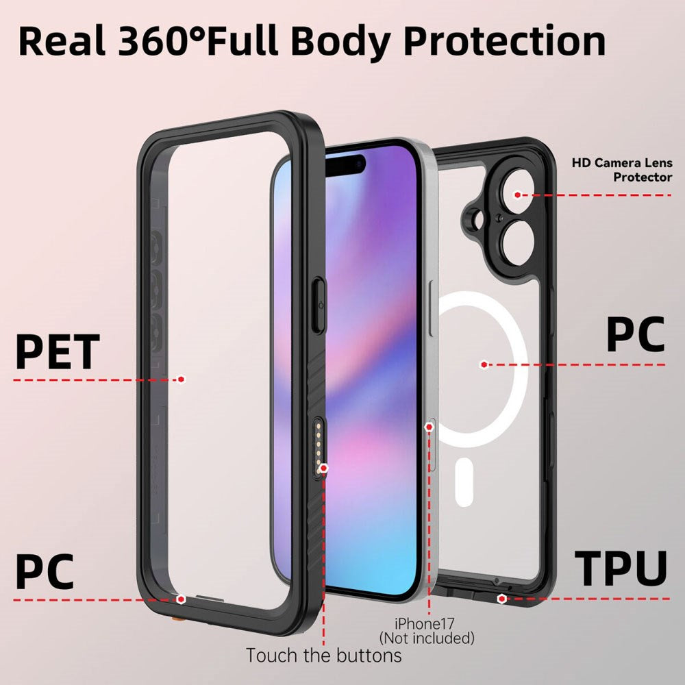 iPhone 17 4Smarts Vandtæt 360 Cover - MagSafe Kompatibel - Gennemsigtig / Sort