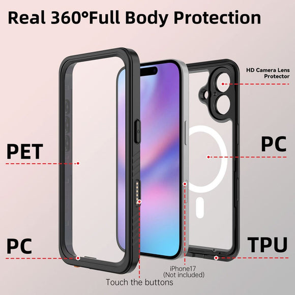 iPhone 17 4Smarts Vandtæt 360 Cover - MagSafe Kompatibel - Gennemsigtig / Sort