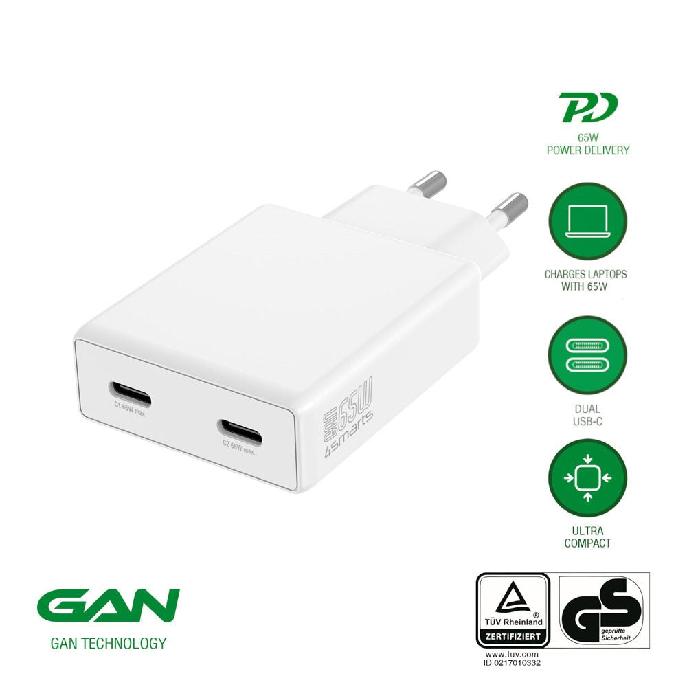 4smarts PDPlug Slim 65W Vægoplader m. 2 x USB-C - Hvid