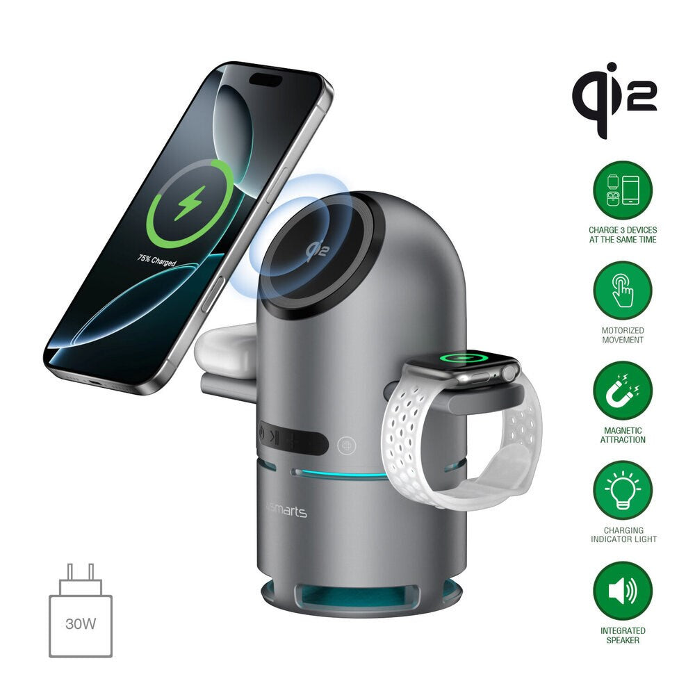 4smarts ChargeBot Sound 3-in-1 Trådløs Oplader m. Bluetooth Højtaler - Smartphone / Smartwatch / AirPods - MagSafe / Qi2 Kompatibel - Grå