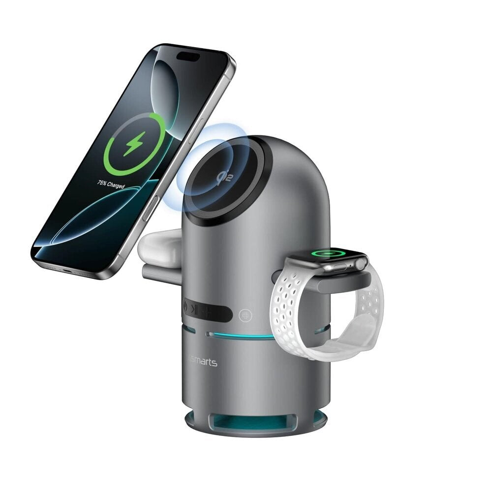 4smarts ChargeBot Sound 3-in-1 Trådløs Oplader m. Bluetooth Højtaler - Smartphone / Smartwatch / AirPods - MagSafe / Qi2 Kompatibel - Grå