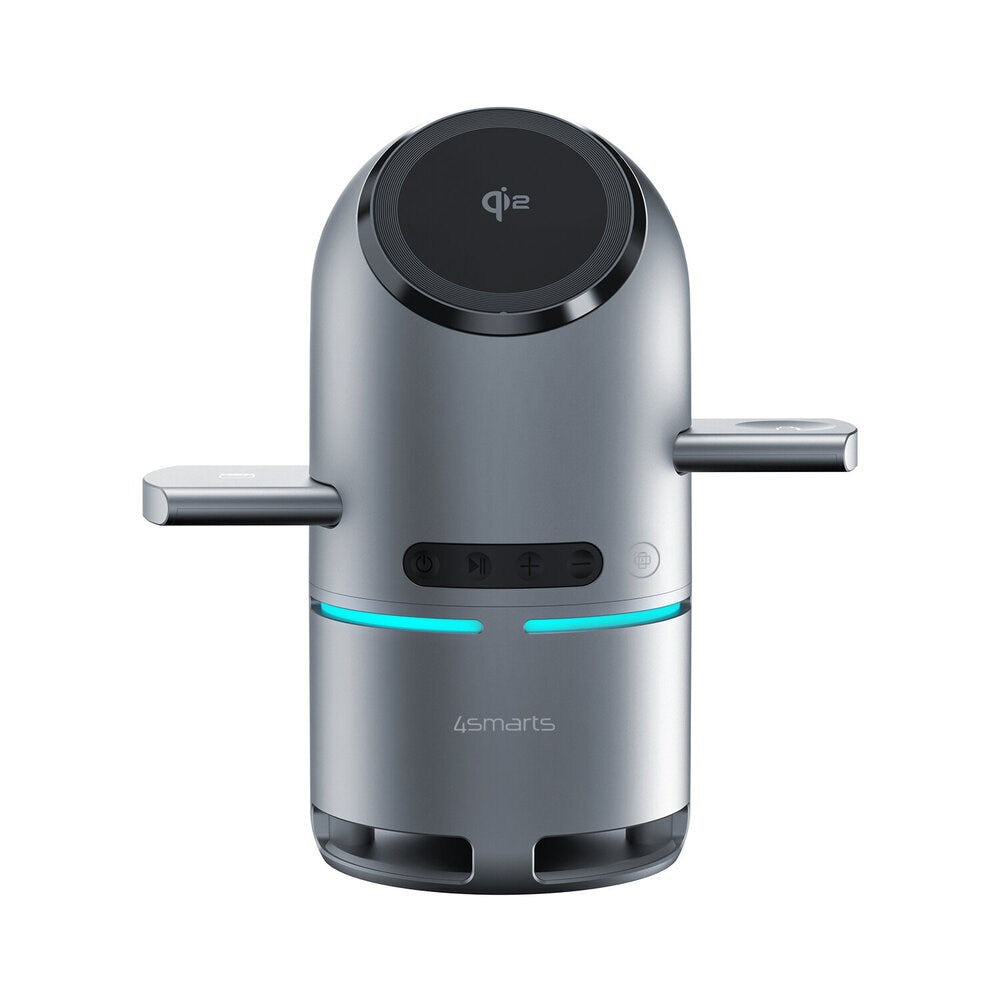 4smarts ChargeBot Sound 3-in-1 Trådløs Oplader m. Bluetooth Højtaler - Smartphone / Smartwatch / AirPods - MagSafe / Qi2 Kompatibel - Grå