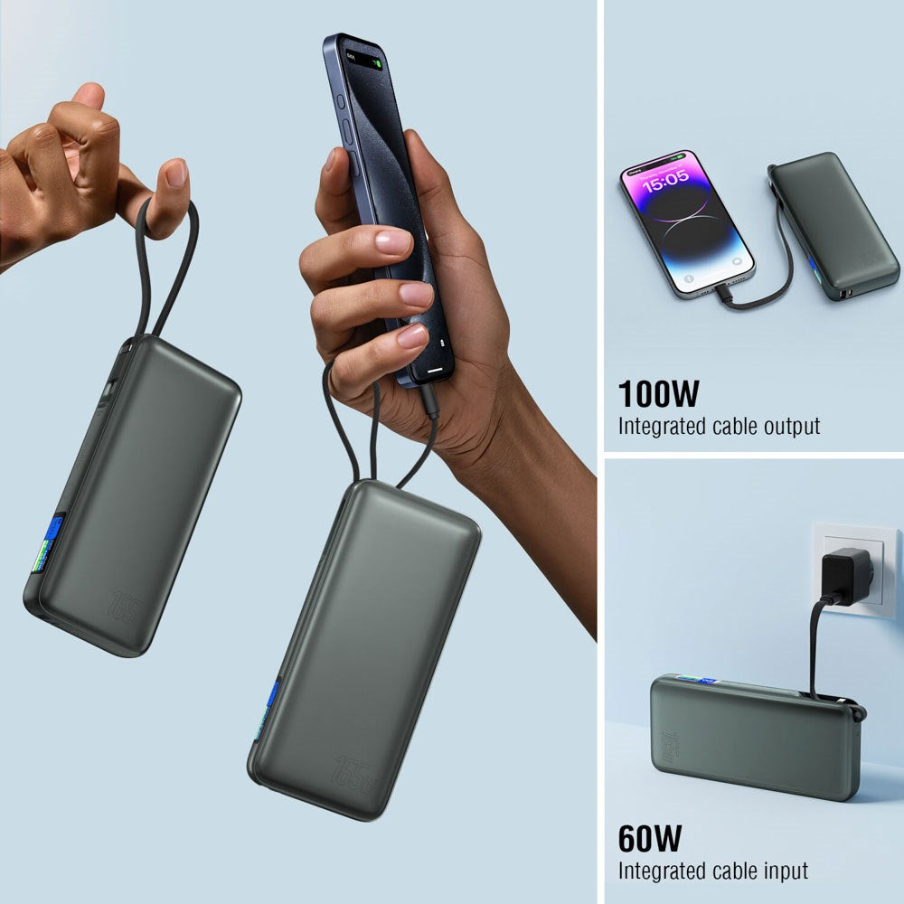 4smarts Enterprise 20.000mAh 165W Powerbank m. Indbygget USB-C Kabel - Grå