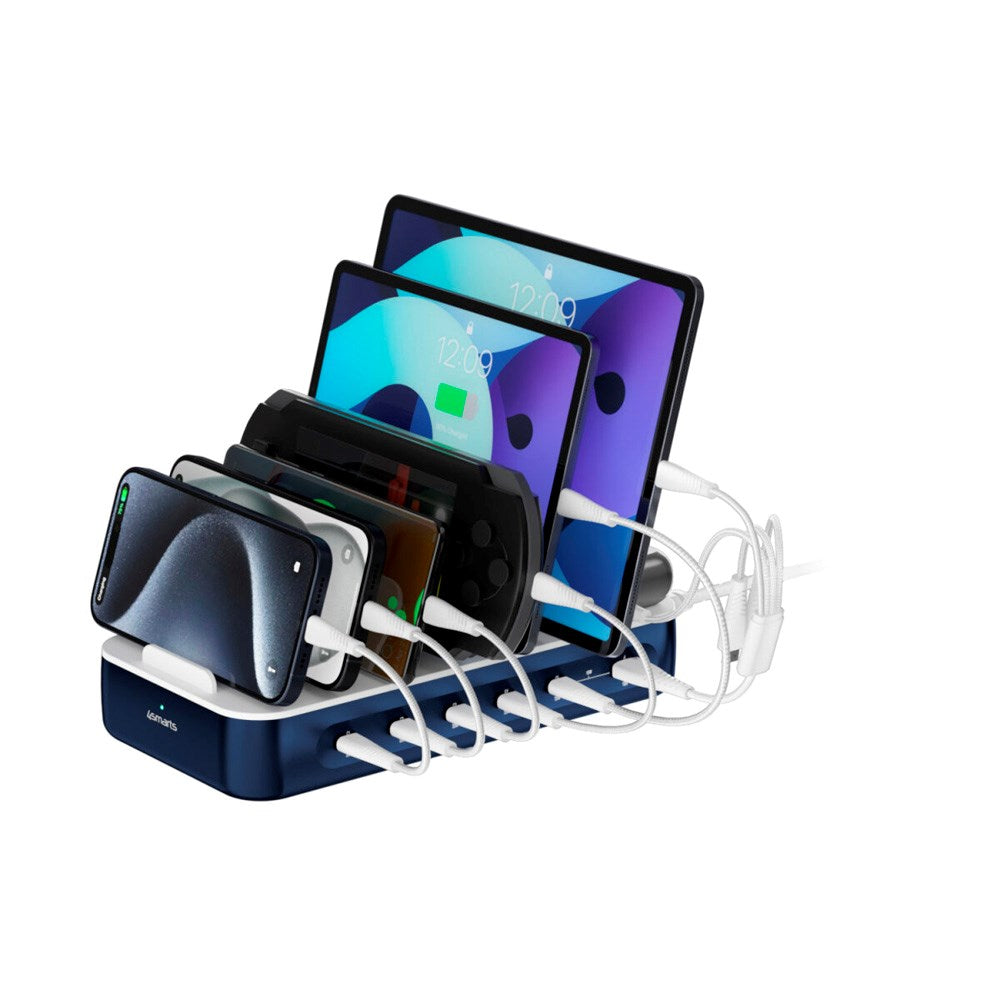 4smarts Ladestation m. 9 Opladningsmuligheder - 5x USB-C Kabel & 1x 4-i-1 Multikabel - 100W - Blå