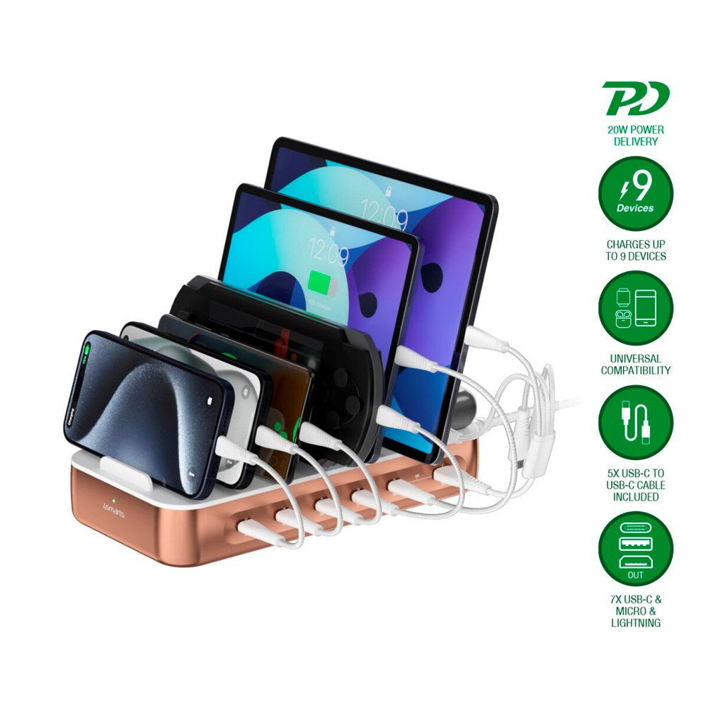 4smarts Ladestation m. 9 Opladningsmuligheder - 5x USB-C Kabel & 1x 4-i-1 Multikabel - 100W - Rose Gold