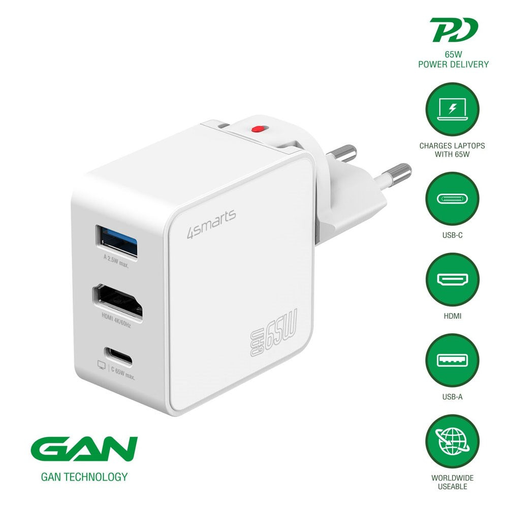 4smarts 3-i-1 HDMI Hub 65W Vægoplader - Hvid