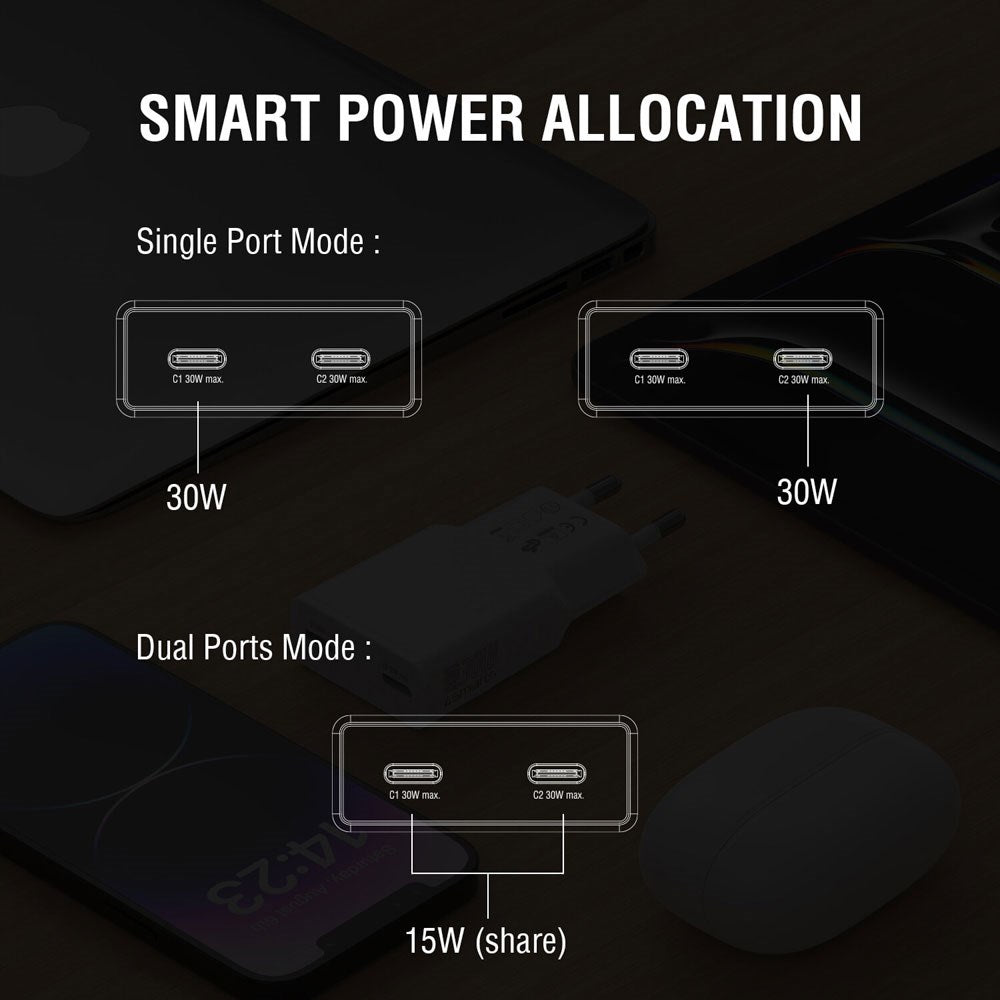 4smarts PDPlug Slim 30W Vægoplader m. 2 x USB-C - Hvid