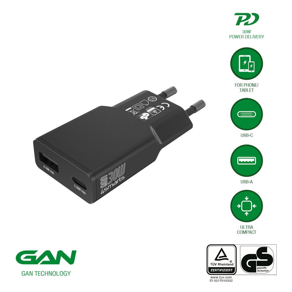 4smarts PDPlug Slim 30W Vægoplader m. 1 x USB-C 1 x USB-A - Sort