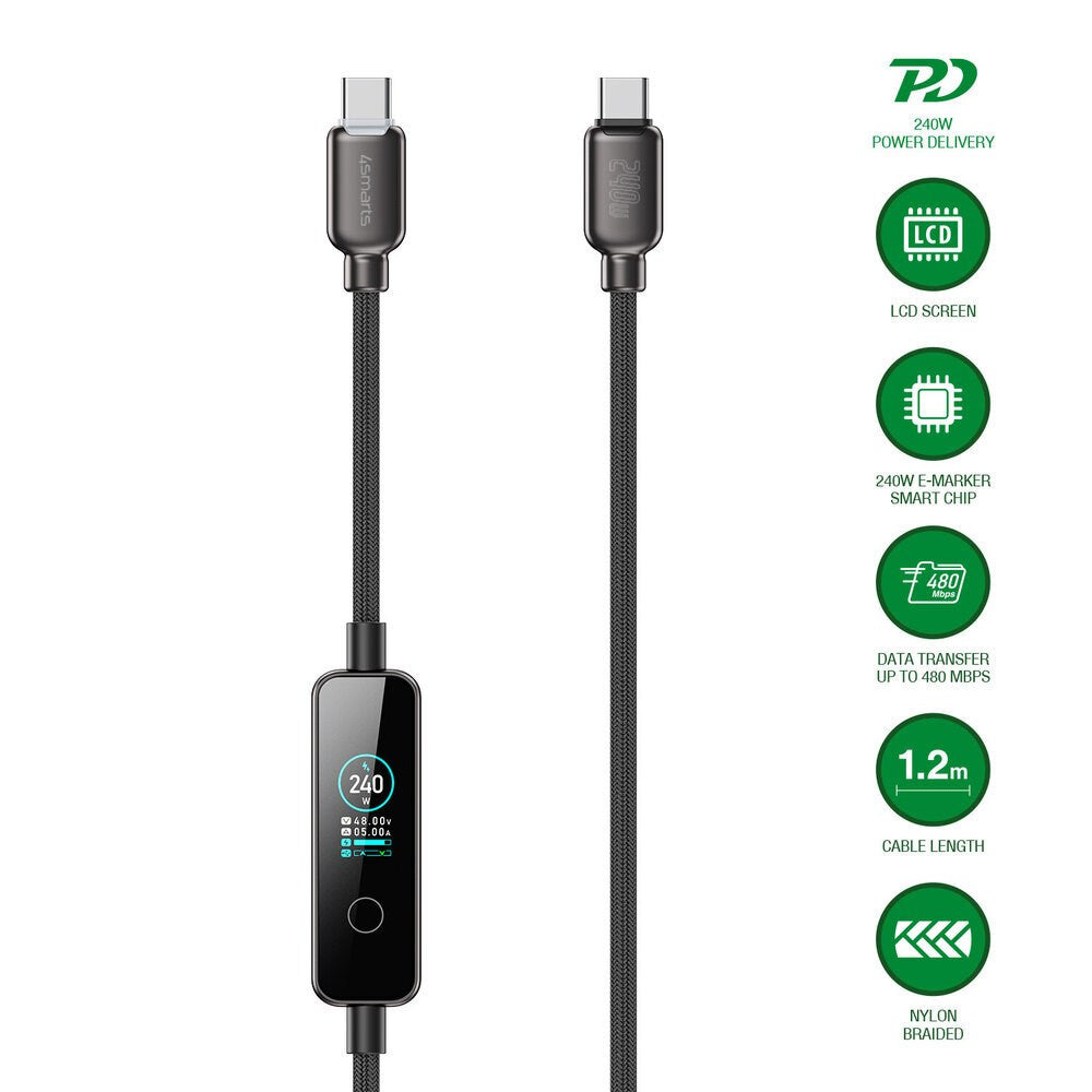 4smarts ScreenCord 240W USB-C til USB-C Kabel m. Indbygget Display - 1.2m - Sort