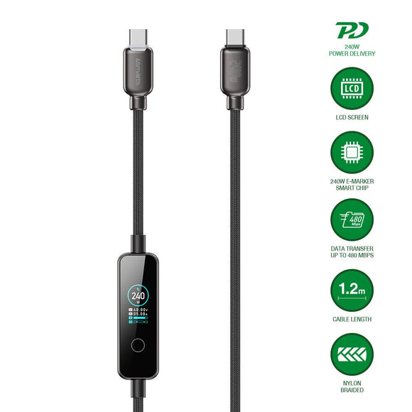 4smarts ScreenCord 240W USB-C til USB-C Kabel m. Indbygget Display - 1.2m - Sort
