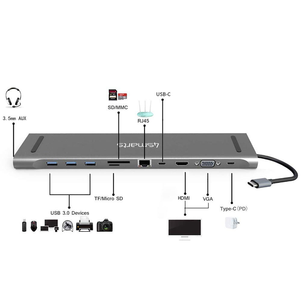 4smarts 11-i-1 USB-C Hub & Universal Tablet / Laptop Stander - Grå