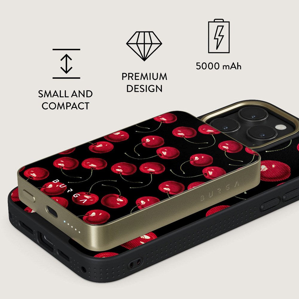 Burga PowerBank 5000mAh m. Trådløs Opladning & 20W USB-C Stik - MagSafe Kompatibel - Cherrybomb