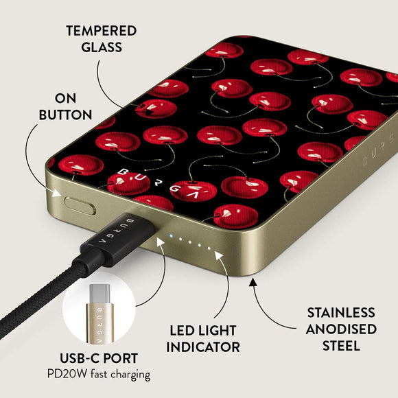 Burga PowerBank 5000mAh m. Trådløs Opladning & 20W USB-C Stik - MagSafe Kompatibel - Cherrybomb