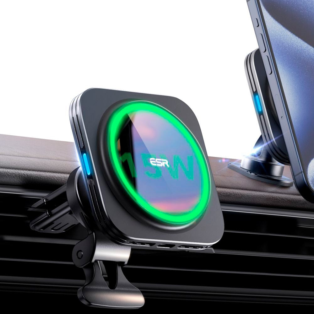 ESR Halolock Q-i-2 Magnetisk Mobilholder til Bil m. 15W Trådløs Opladning - MagSafe Kompatibel - Sort