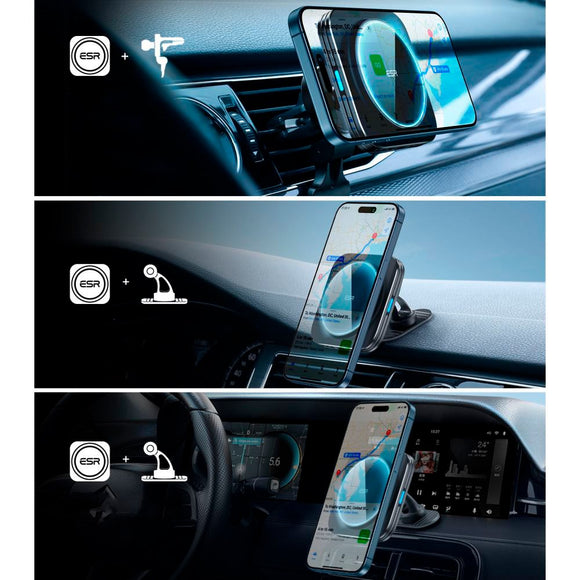 ESR Halolock Q-i-2 Magnetisk Mobilholder til Bil m. 15W Trådløs Opladning - MagSafe Kompatibel - Sort