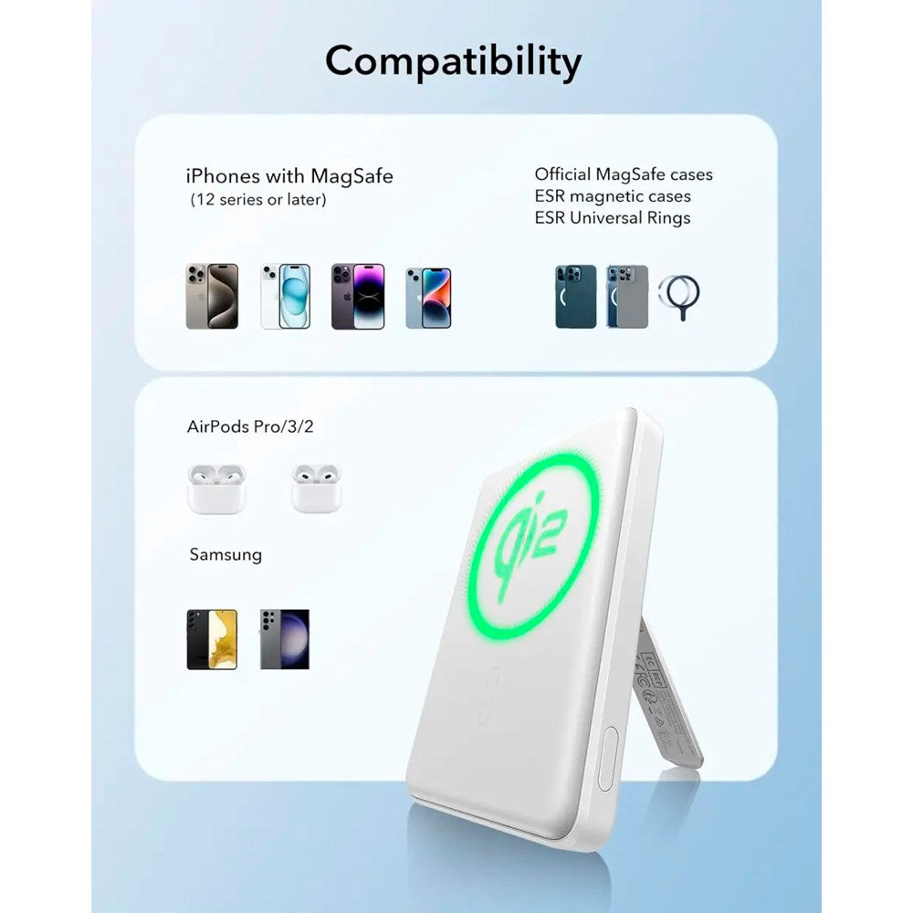 ESR Qi2 MagSlim PowerBank m. Kickstand - 15W / 5000 mAh - MagSafe Kompatibel - Hvid