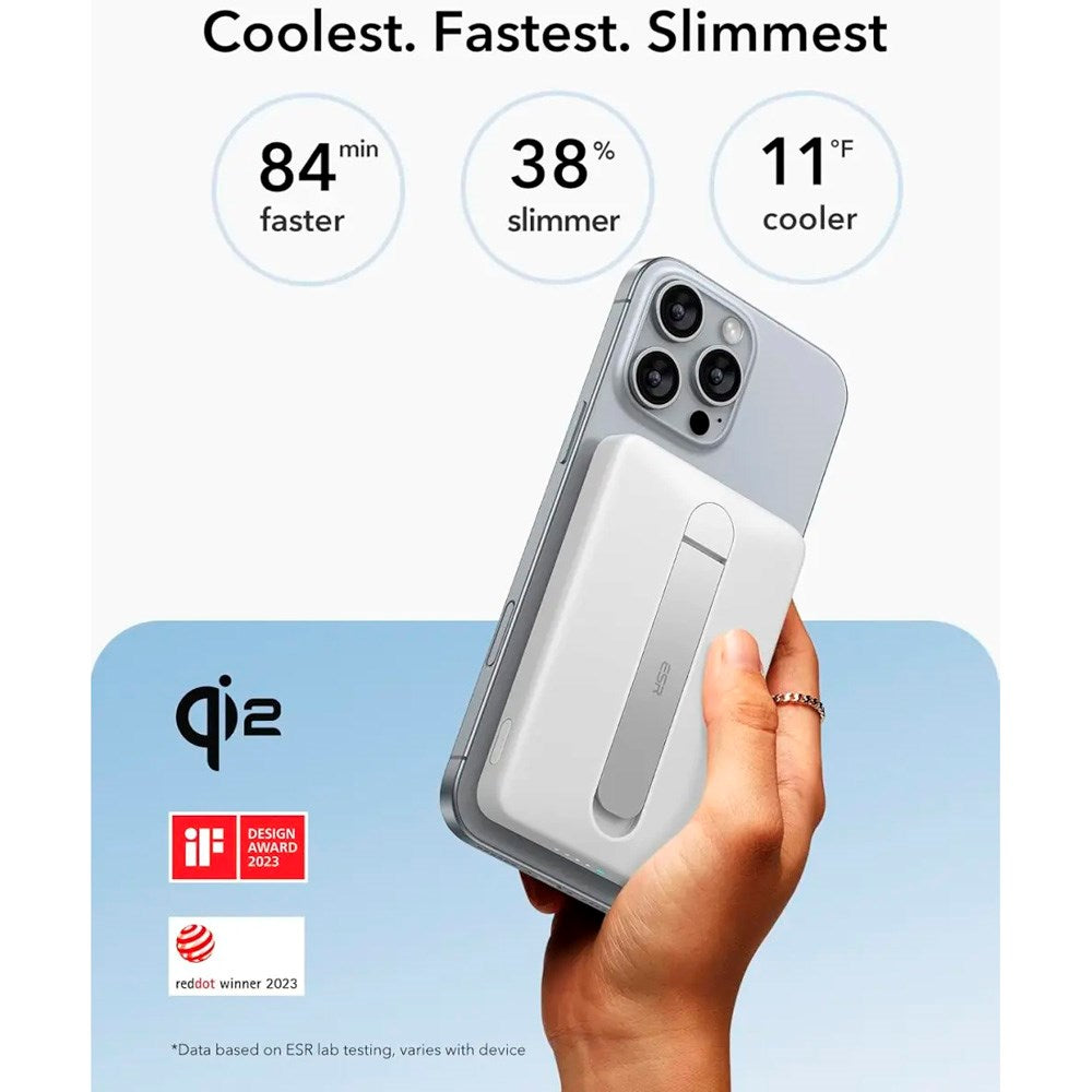 ESR Qi2 MagSlim PowerBank m. Kickstand - 15W / 5000 mAh - MagSafe Kompatibel - Hvid