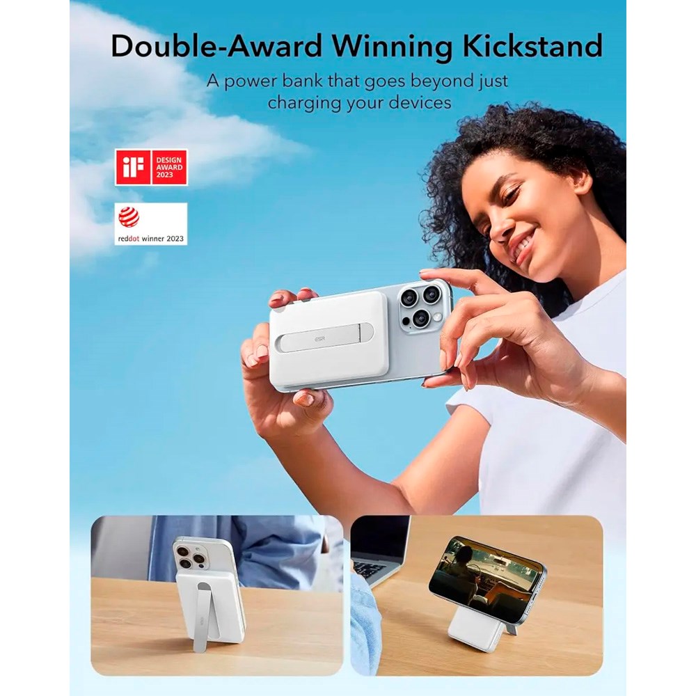 ESR Qi2 MagSlim PowerBank m. Kickstand - 15W / 5000 mAh - MagSafe Kompatibel - Hvid