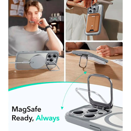 ESR iPhone 16 Pro Classic Hybrid Cover m. Kickstand - MagSafe Kompatibel - Gennemsigtig / Grå