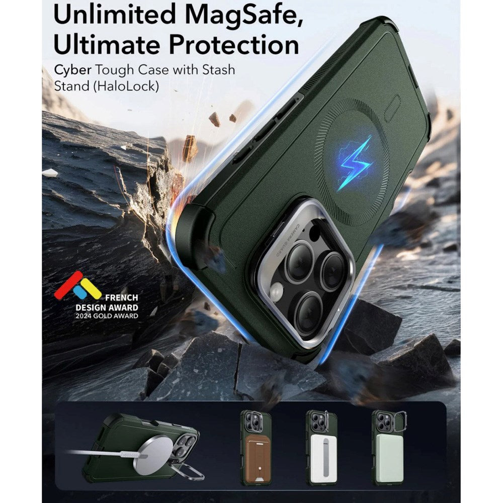 ESR iPhone 16 Pro Cyber Armor Cover m. Kickstand - MagSafe Kompatibel - Grøn