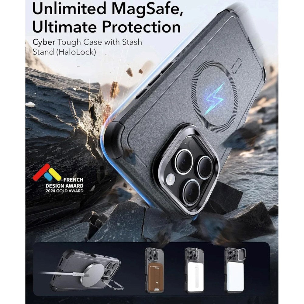 ESR iPhone 16 Pro Cyber Armor Cover m. Kickstand - MagSafe Kompatibel - Grå