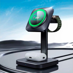 ESR 3-in-1 Qi2 Trådløs Oplader m. Aftagelig Apple Watch Oplader - MagSafe Kompatibel - Sort