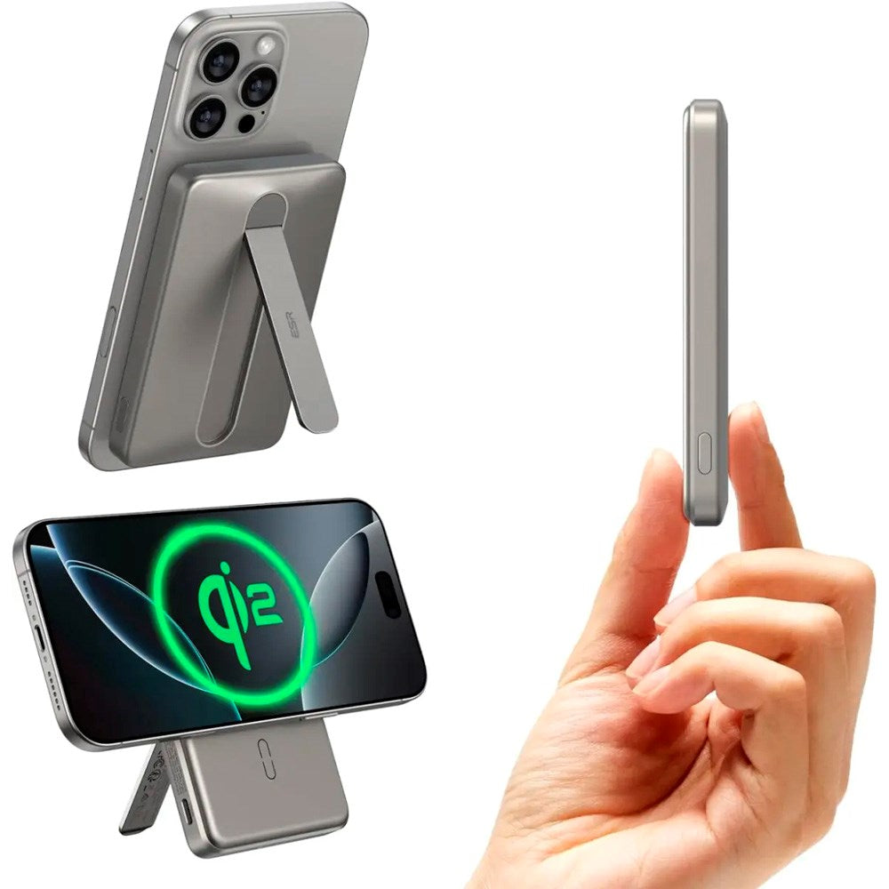 ESR Qi2 MagSlim PowerBank m. Kickstand - 15W / 5000 mAh - MagSafe Kompatibel - Titanium