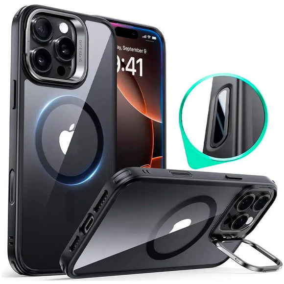 ESR iPhone 16 Pro Max Classic Hybrid Cover m. Kickstand - MagSafe Kompatibel - Gennemsigtig / Sort