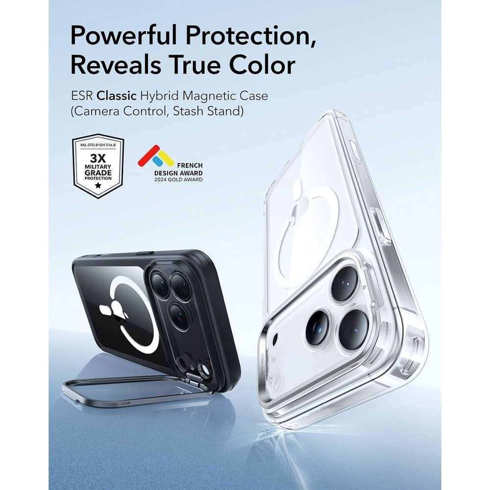ESR iPhone 17 Pro Classic Hybrid Stash Case m. Kickstand - MagSafe Kompatibel - Gennemsigtig / Sort
