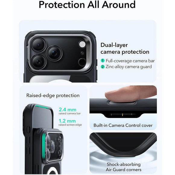 ESR iPhone 17 Pro Classic Hybrid Stash Case m. Kickstand - MagSafe Kompatibel - Gennemsigtig / Sort