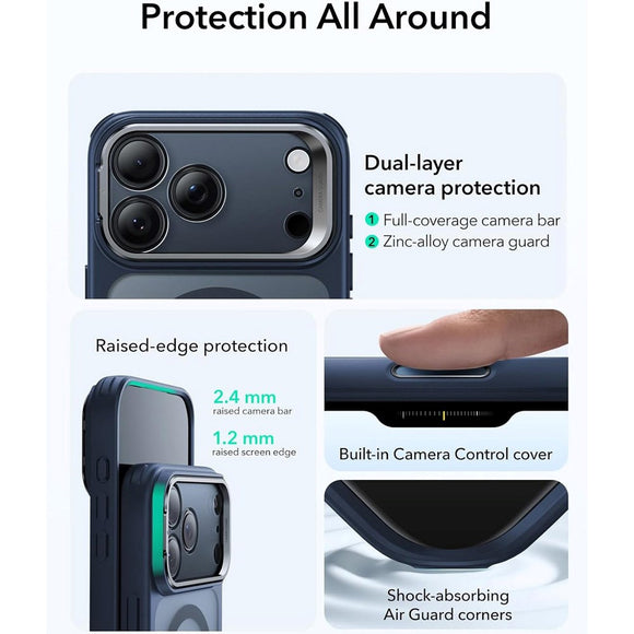 ESR iPhone 17 Pro Classic Hybrid Stash Case m. Kickstand - MagSafe Kompatibel - Mat Blå