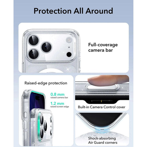 ESR iPhone 17 Pro Classic Hybrid Case m. Camera Control Knap - MagSafe Kompatibel - Gennemsigtig / Glimmer