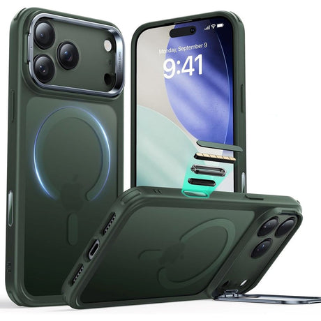 ESR iPhone 17 Pro Classic Hybrid Stash Case m. Kickstand - MagSafe Kompatibel - Mat Grøn
