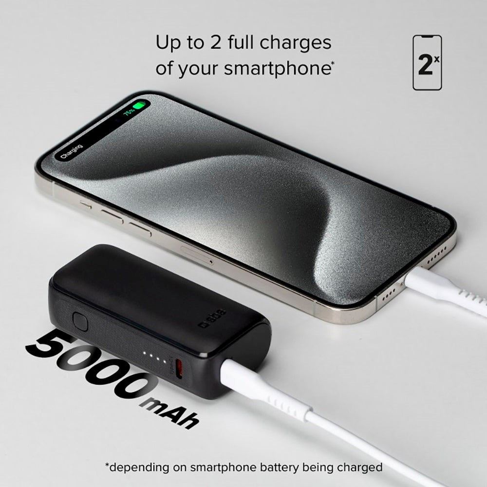 SBS NanoTube Powerbank 10W m. USB-A & USB-C - 5.000 mAh - Sort