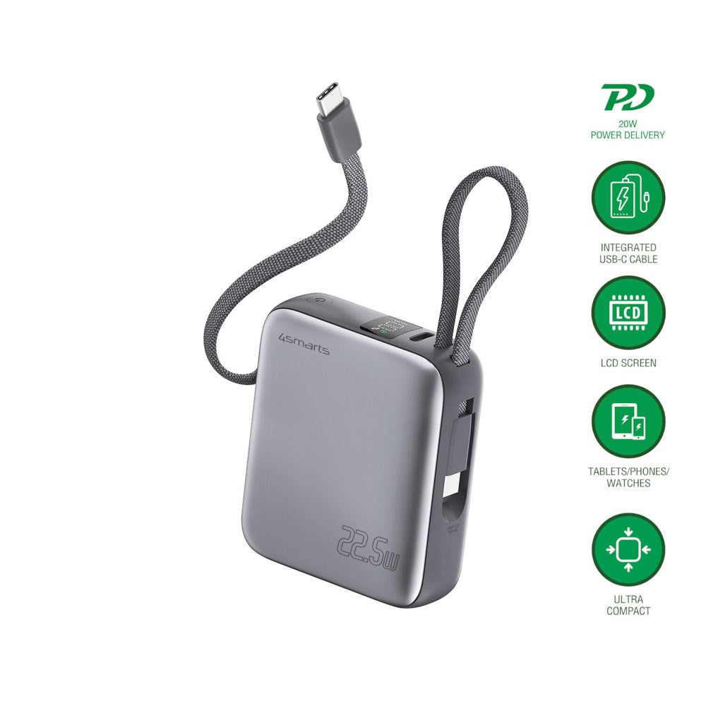 4smarts Pocket Dual Cord 22.5W PowerBank m. Indbygget USB-C Kabel - 10.000 mAh - Space Grey