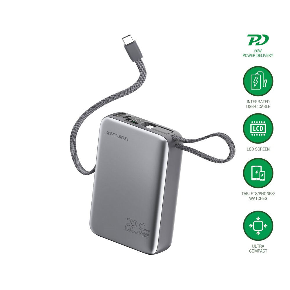 4smarts Pocket Dual Cord 22.5W PowerBank m. Indbygget USB-C Kabel - 20.000 mAh - Space Grey