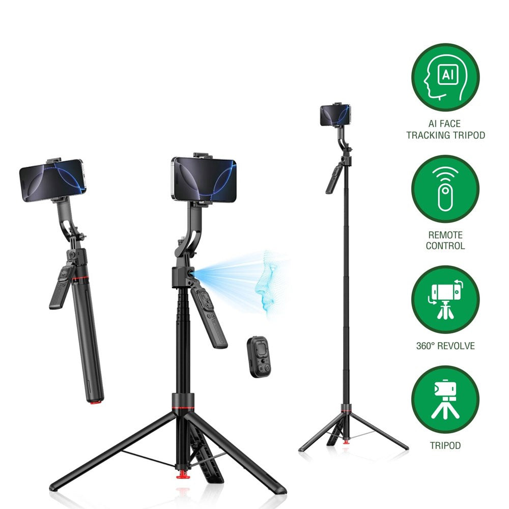 4smarts 360 AI Tripod Selfie Stick m. Ansigtssporing & Fjernbetjening - Sort